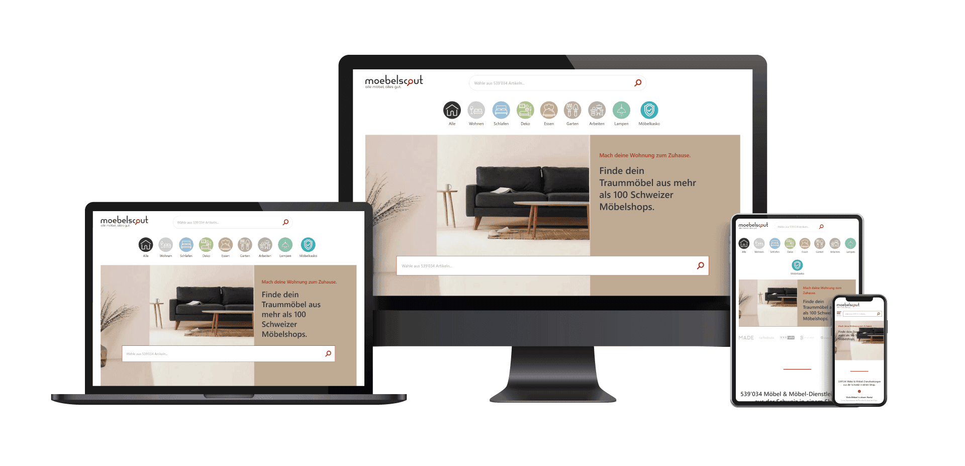 Screendesign der moebelscout-Website auf allen Geräten