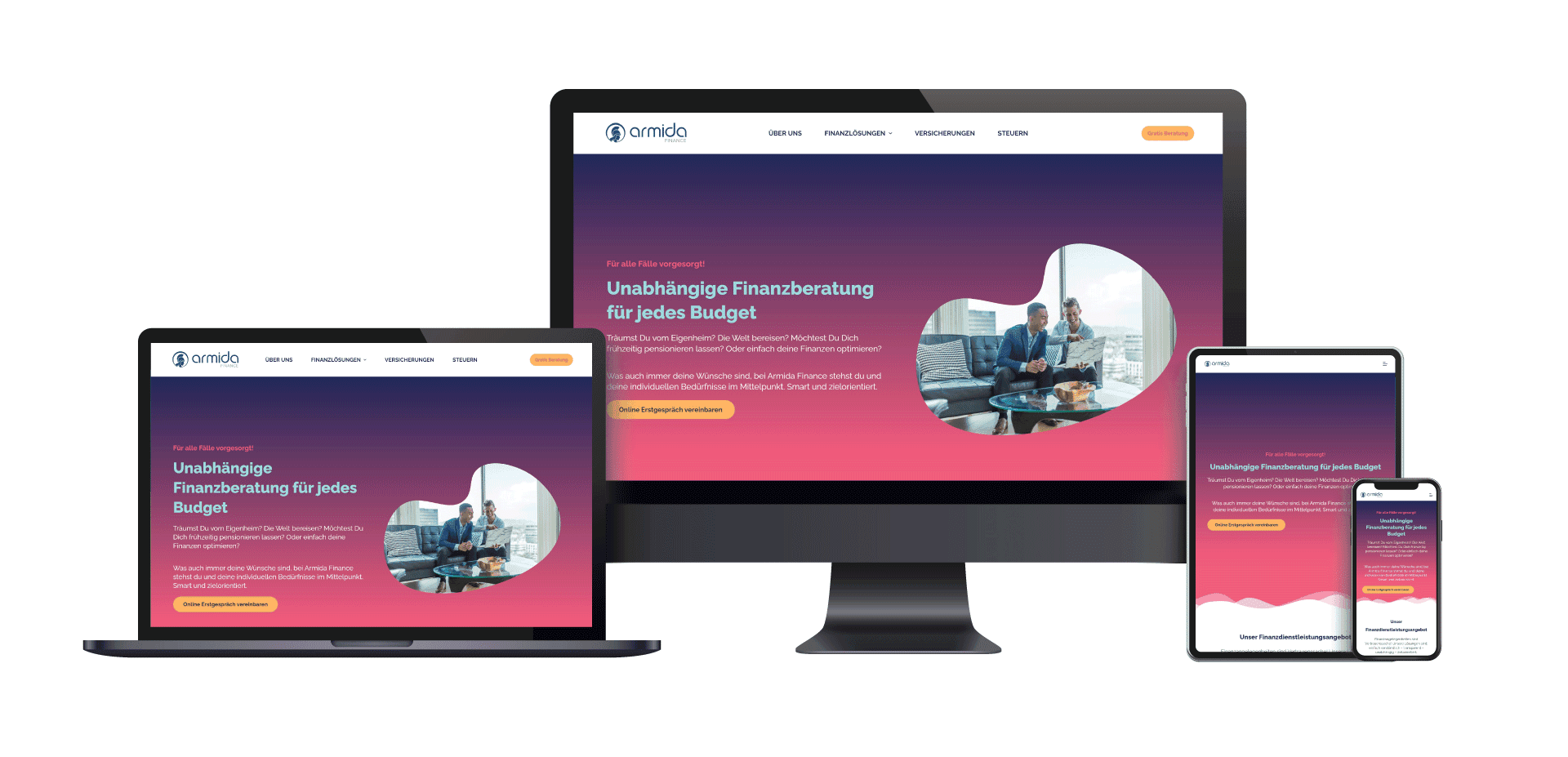 Screendesign der Armida-Finance-Website auf allen Geräten