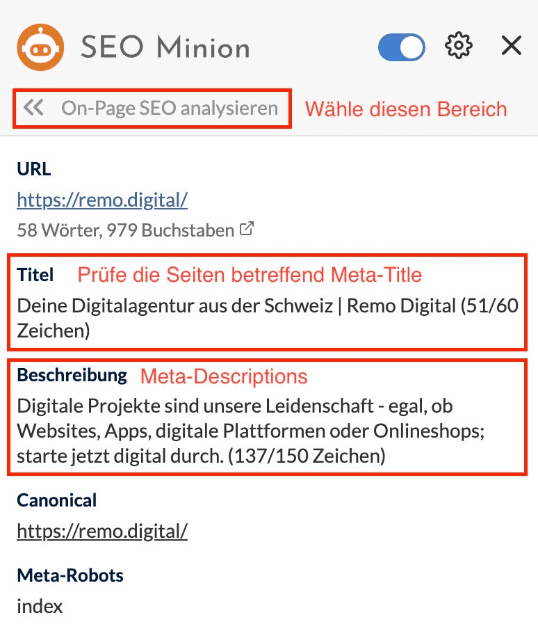 Bild vom Add-on SEO Minion mit Meta-Title und Meta-Description