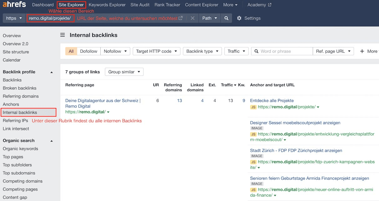 Screenshot von ahref mit den internen Backlinks