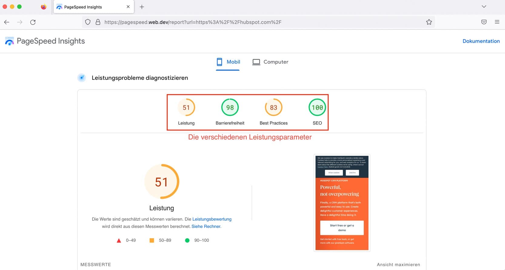 Screenshot von dem Lighthouse-Test