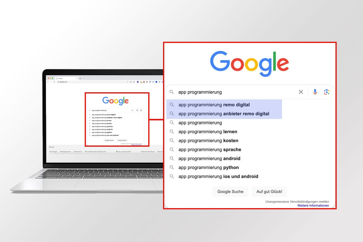 Screenshot von Google mit einer vergrösserten Sektion, welche die Vorschläge von Google zeigt.