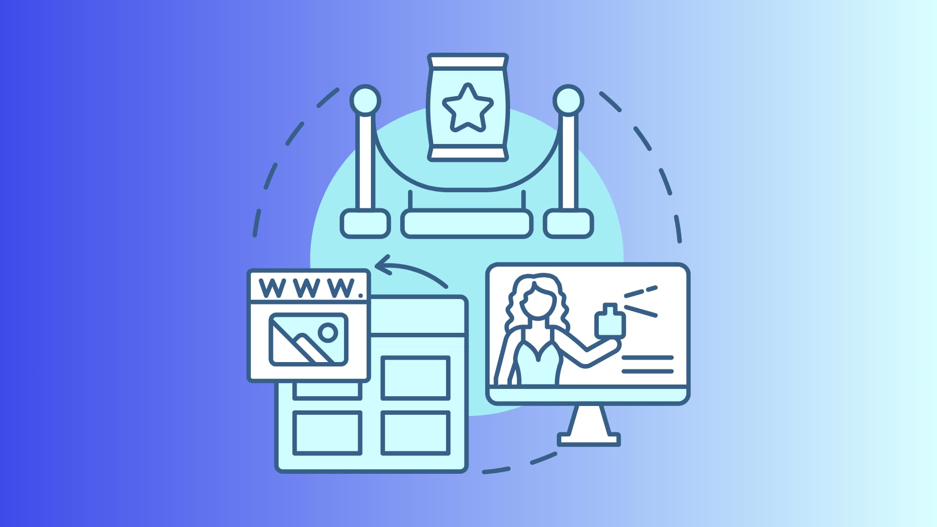 Illustration einer Microsite als SEO-Strategie mit Website-Elementen, Content und Nutzerinteraktion zur Steigerung von Sichtbarkeit und Relevanz.