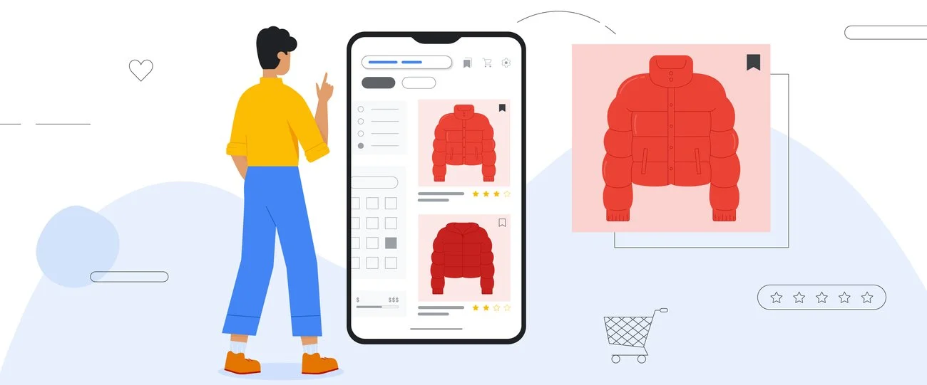Illustraton mit Person die auf einem übergrossen Handy Online-Shopping betreibt