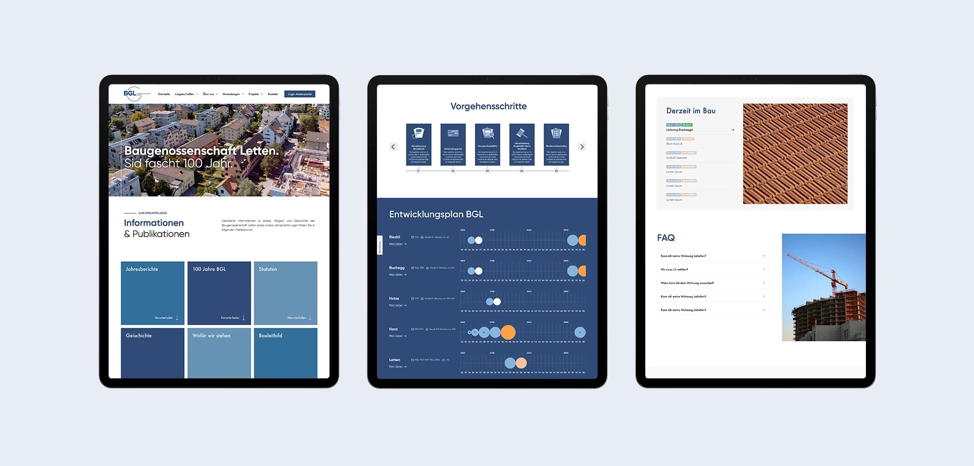 Drei Tablets zeigen eine Website zur Baugenossenschaft Letten mit Informationen zu Projekten, Entwicklungsplänen und Baufortschritten.