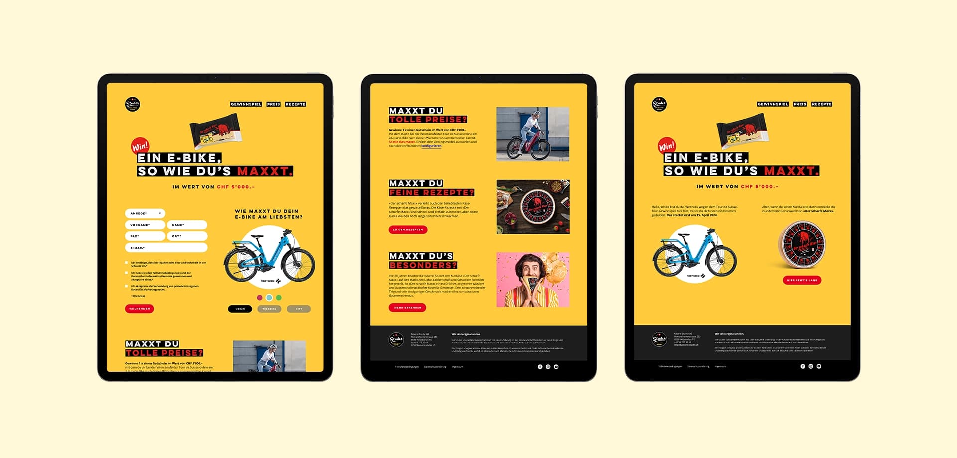 Das Bild zeigt drei Tablet-Ansichten einer Microsite der Käserei Studer für das Gewinnspiel des Produkts „Scharfer Maxx“. Die Seiten präsentieren ein Formular zur Teilnahme, Informationen zu den Preisen, Rezepte und Details zum Produkt. Die Gestaltung ist in einem auffälligen Gelb gehalten, mit roten und schwarzen Akzenten, die das Gewinnspiel und die besonderen Eigenschaften des Käses hervorheben.
