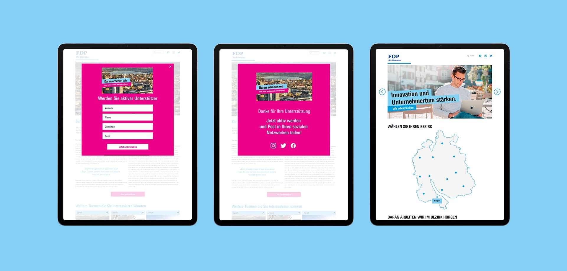 Das Bild zeigt die Desktop-Version der FDP Zürich Landingpage mit Lead-Formular, Dankesnachricht nach Registrierung und einer interaktiven Bezirkskarte zur Auswahl lokaler Initiativen. Modernes Design fördert Interaktion und Teilen.