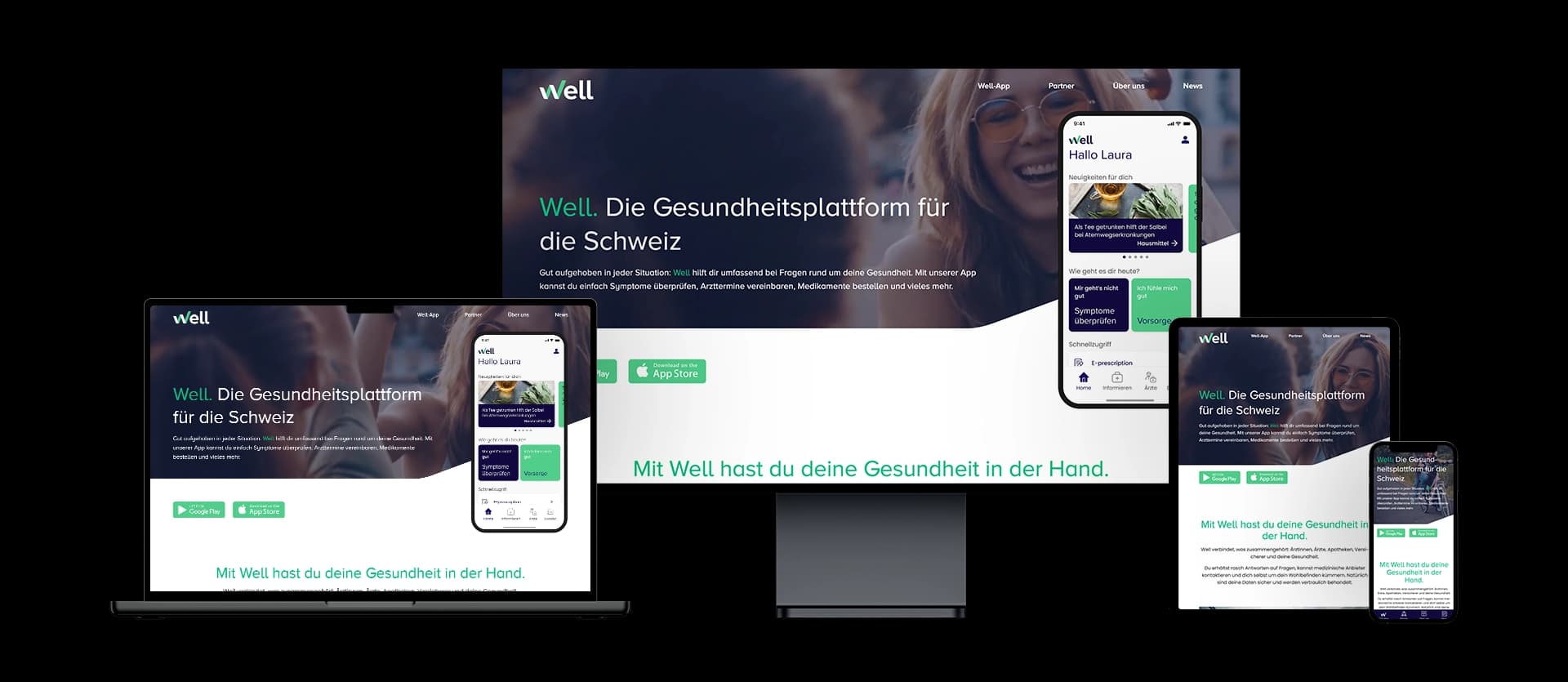 Das Bild zeigt verschiedene Geräte (Laptop, Desktop, Tablet und Smartphone) mit der Website der Gesundheitsplattform “Well” aus der Schweiz.