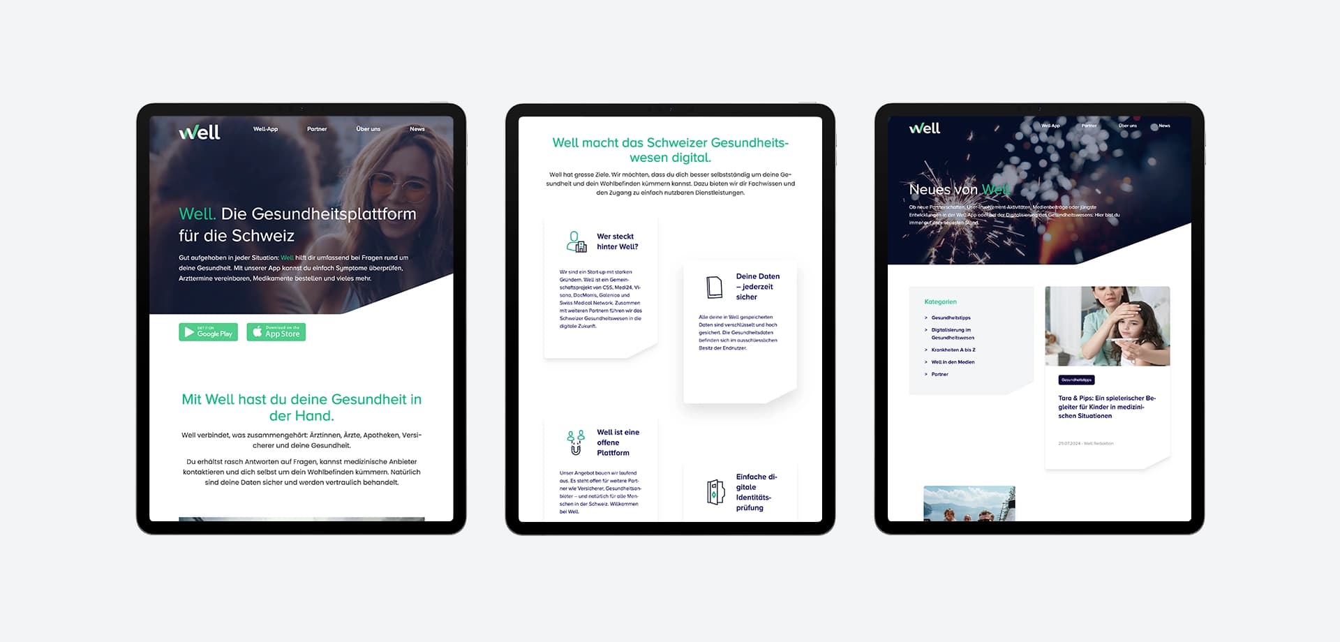 Das Bild zeigt drei Tablets mit der Darstellung der Well-Website, die als Gesundheitsplattform für die Schweiz präsentiert wird.