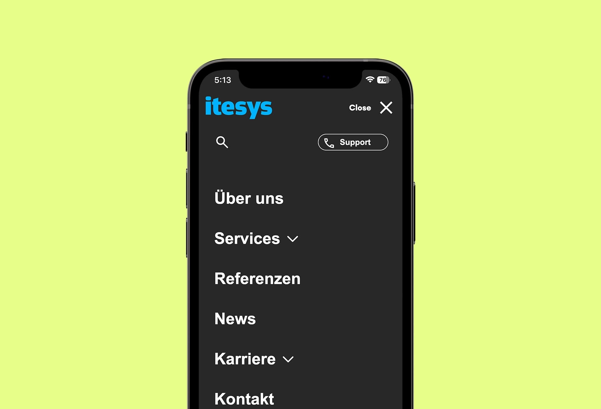 Mobilansicht der itesys-Website mit geöffnetem Navigationsmenü.