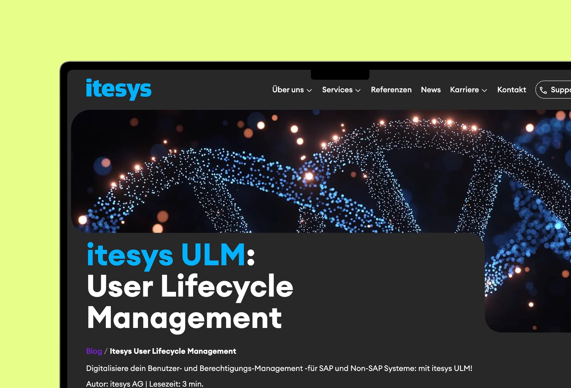 Screenshot der itesys-Website mit „itesys ULM: User Lifecycle Management“ und digitalem Benutzer- und Berechtigungsmanagement.