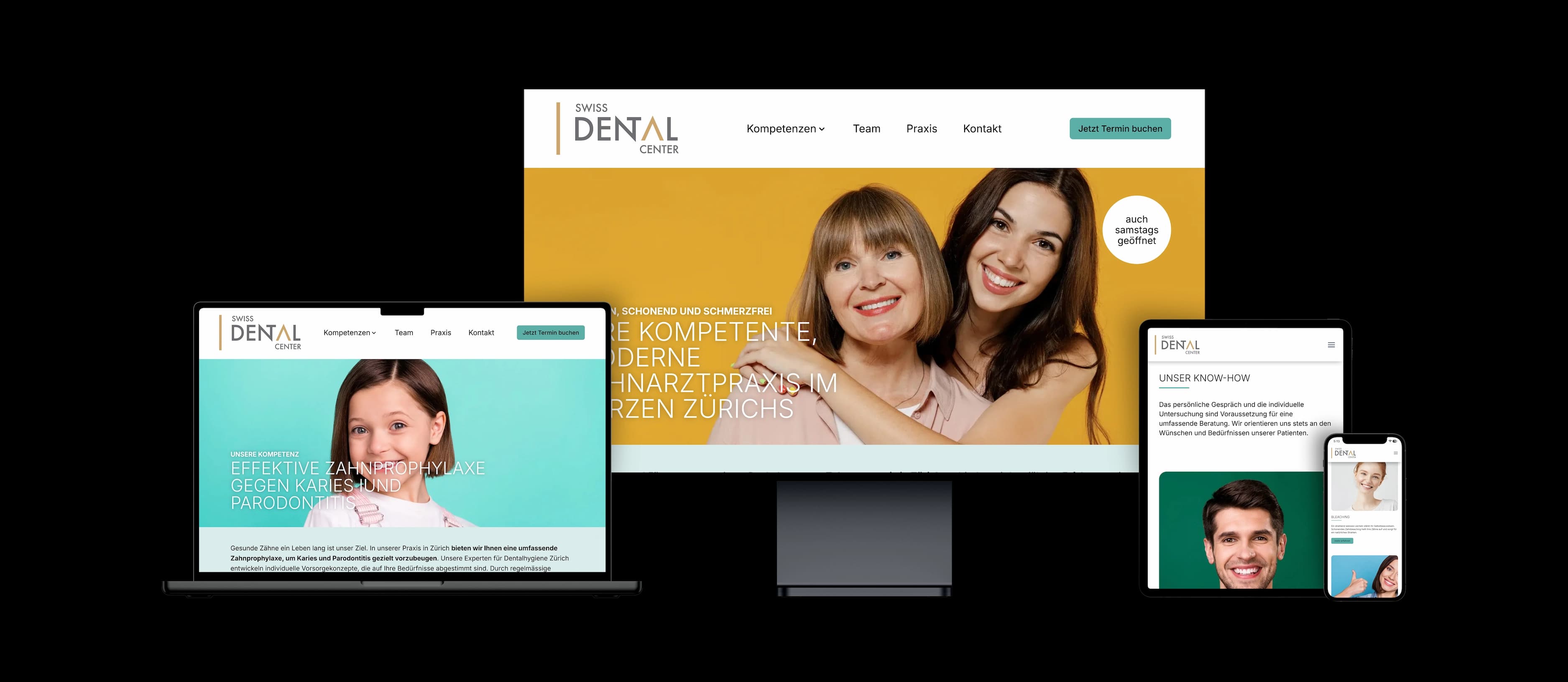 Website des Swiss Dental Center auf verschiedenen Geräten – Desktop, Laptop, Tablet und Smartphone – mit freundlichen Porträts und modernen Farben.