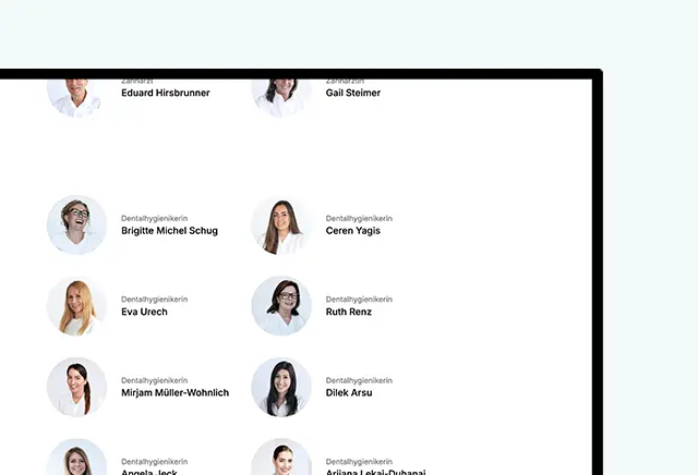 Ausschnitt einer Teamübersicht auf der Swiss Dental Center-Website. Gezeigt werden Fotos und Namen mehrerer Dentalhygienikerinnen in einem klar strukturierten Layout.