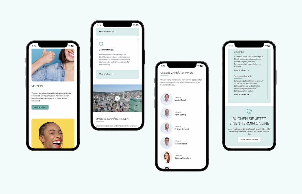 Darstellung der mobilen Website des Swiss Dental Center auf vier Smartphones, mit Abschnitten zu Veneers, Zahnarztangst, dem Ärzteteam, chirurgischer Behandlung und Online-Terminbuchung