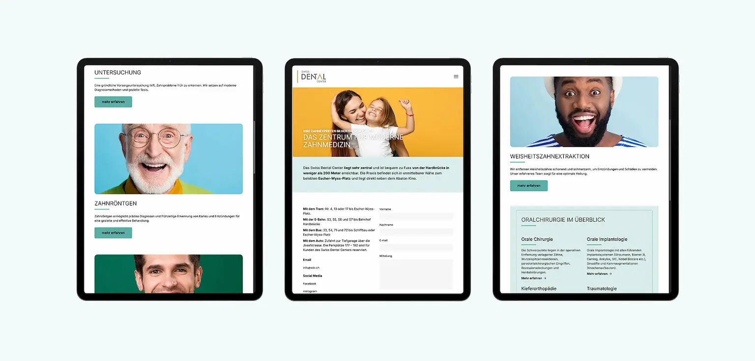 Tablet-Ansicht der Website des Swiss Dental Center mit verschiedenen Inhaltsseiten zu Untersuchung, Zahnröntgen, Weisheitszahnentfernung und Standortinformationen der Praxis.