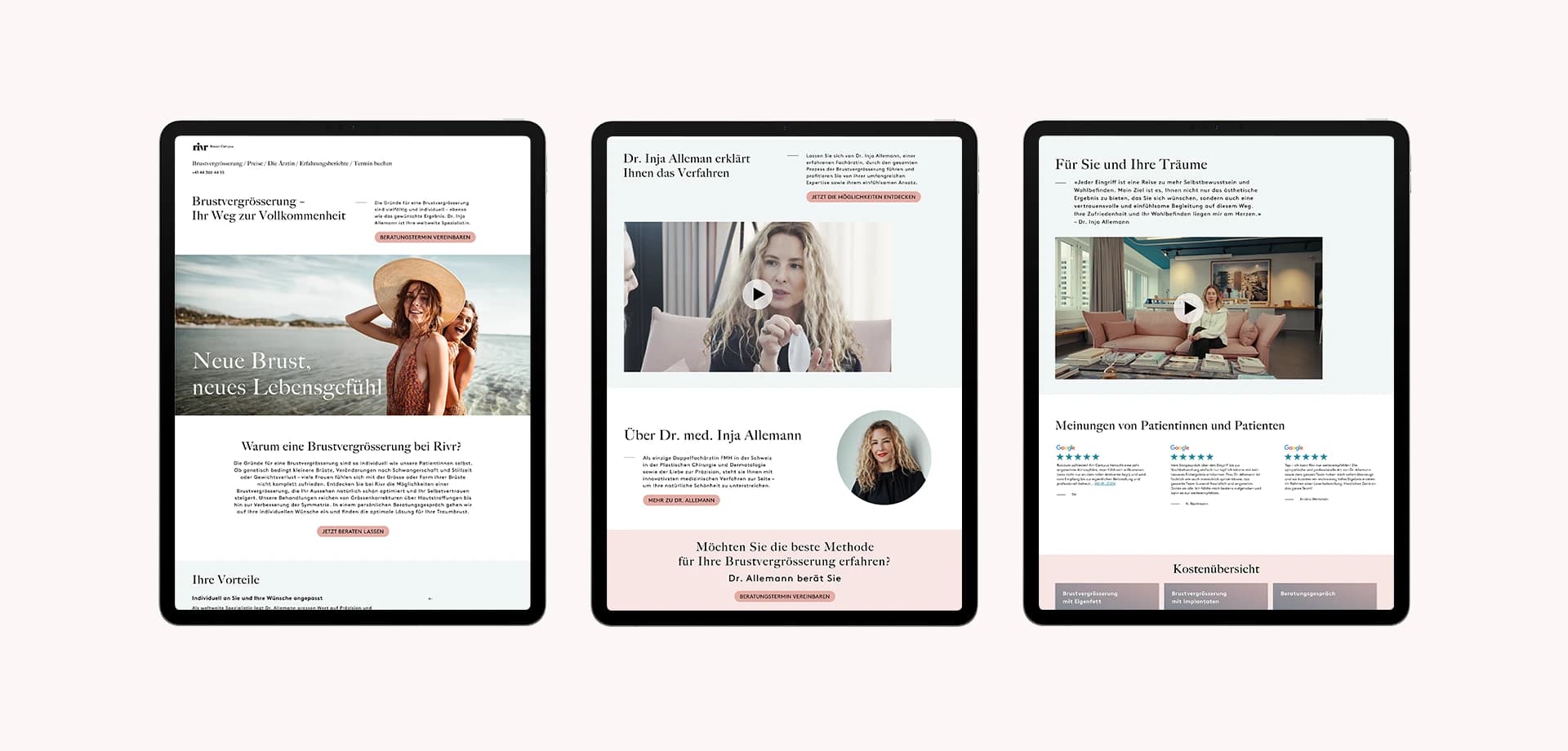 Tablet-Ansicht der rivr-Website mit Informationen zur Brustvergrösserung, Vorstellung von Dr. Inja Allemann und Patientenbewertungen.