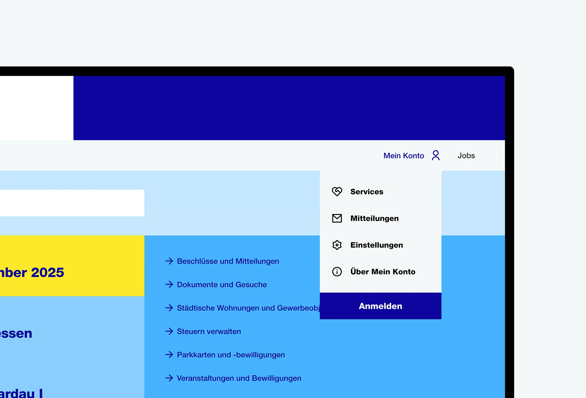 Ansicht der Stadt Zürich Website mit geöffnetem Nutzerkonto-Menü und Service-Optionen.