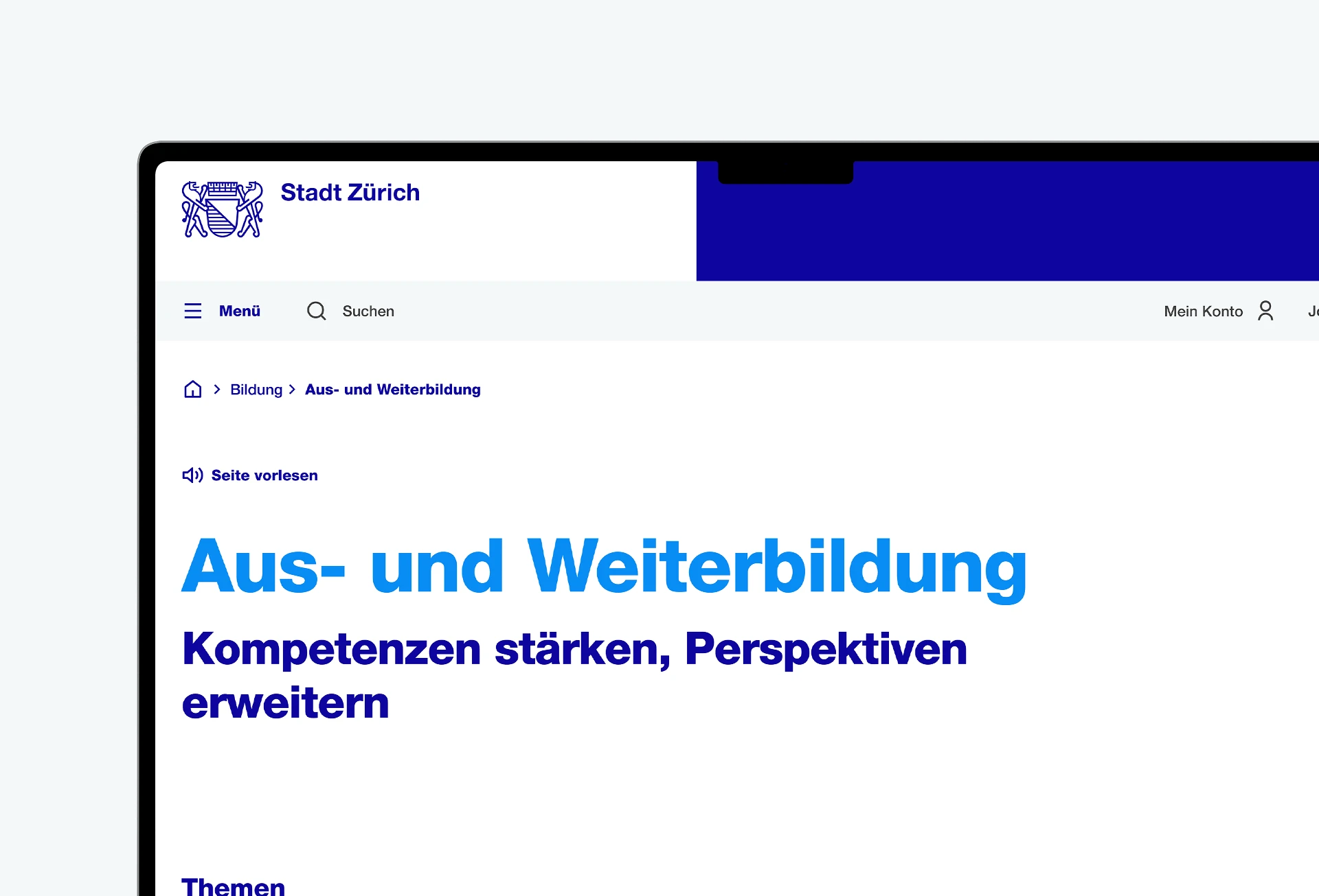 Ansicht der Stadt Zürich Website im Bereich Aus- und Weiterbildung mit Titel und Themenübersicht.