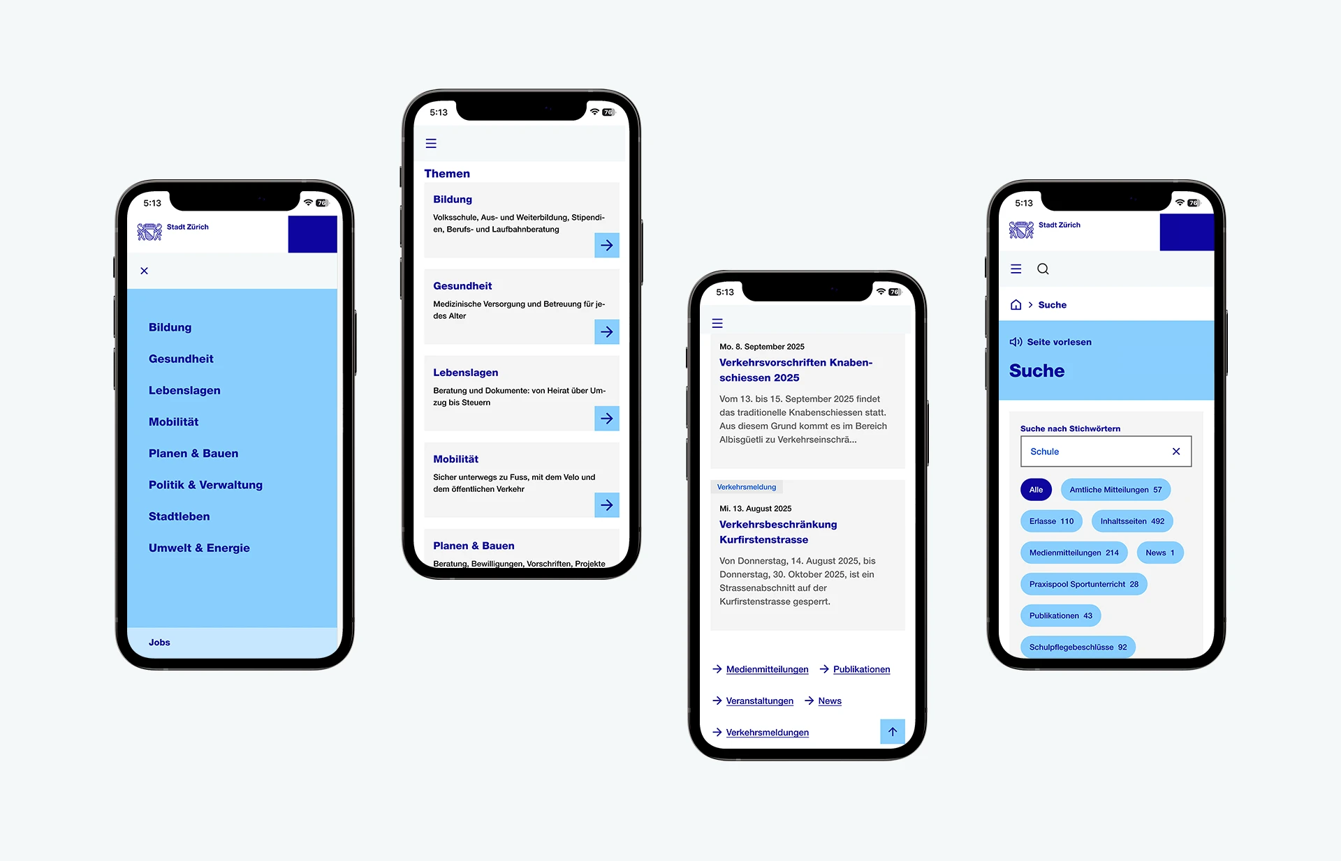 Mobile Ansicht der Stadt Zürich Website mit Navigation, Themenübersicht, Mitteilungen und Suchfunktion auf vier Smartphones.