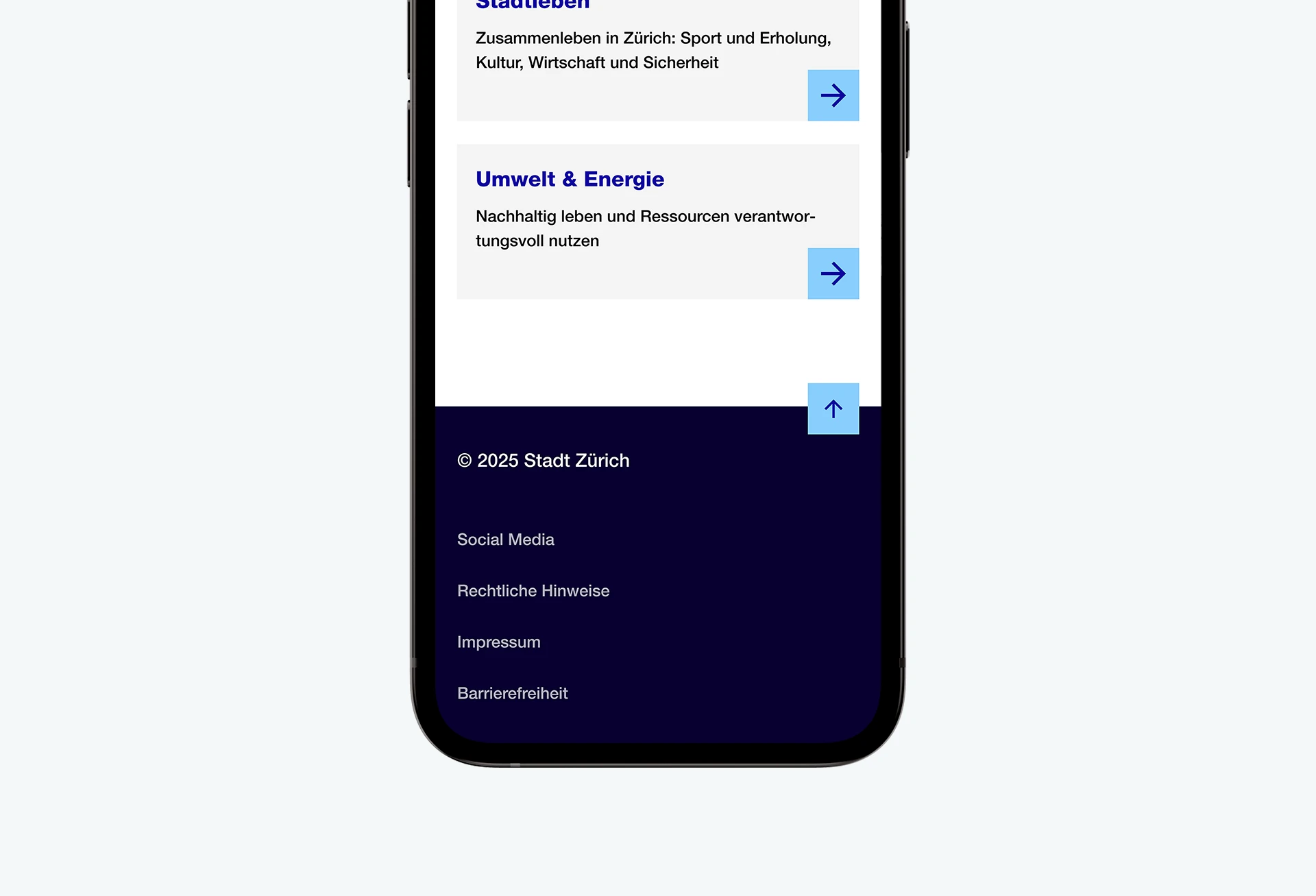 Mobile Ansicht der Stadt Zürich Website mit Navigation und Themen wie Stadtleben und Umwelt & Energie.