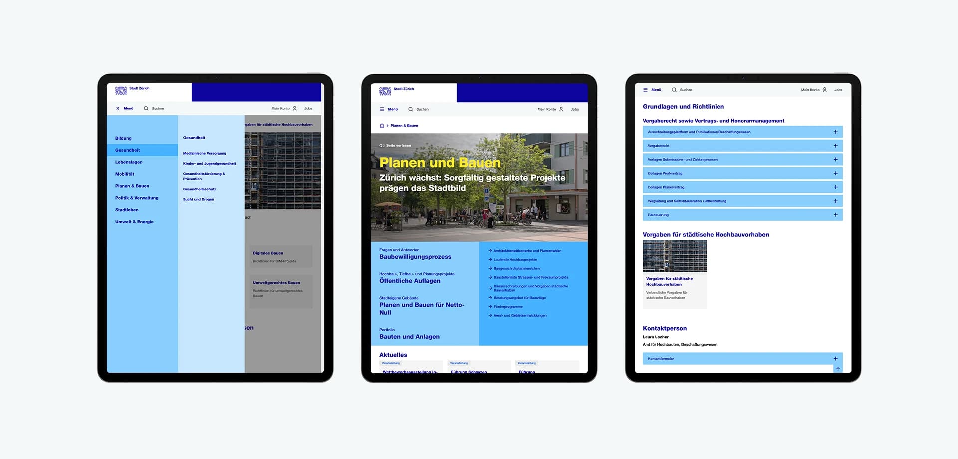 Tablet-Ansicht der Stadt Zürich Website mit geöffneter Navigation zu Themen wie Bildung, Gesundheit und Stadtleben.